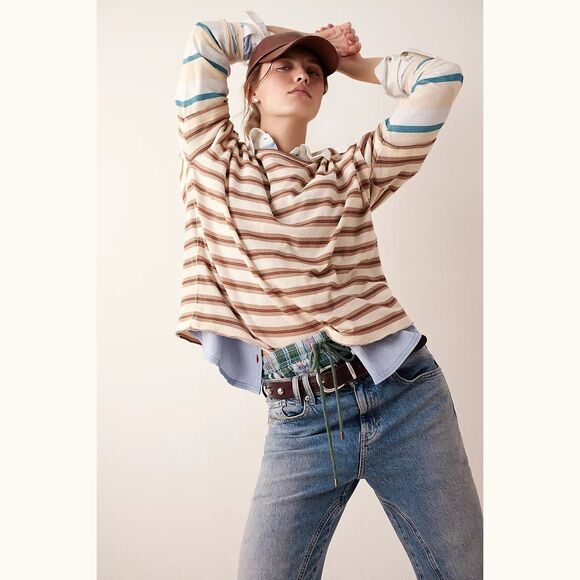 Free People We The Free Nina Stripe Long-Sleeve Tee Tunic Top Cotton XL 283039 - Picture 1 of 11